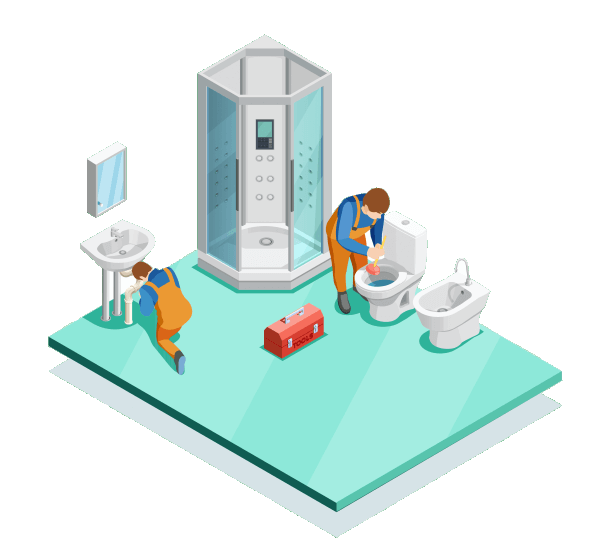 Artisans Plombiers effectuant des tâches dans une salle de bain et WC